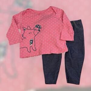 Carters Baby Girl Outfit Size 6 Months Pink Polka Dot Fox Top Denim Leggings